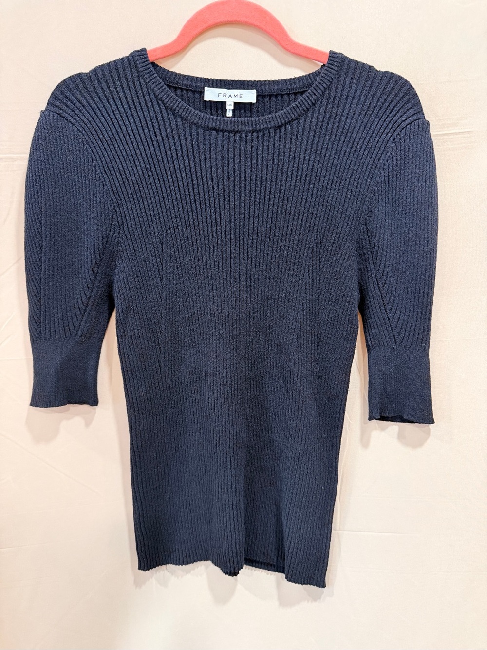 Frame Denim Black Short Sleeve Ribbed Knit Top Sz L minimalist